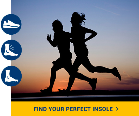 graphic shows a silhouette of two runners against a sunset plus text to Find Your Perfect Insole